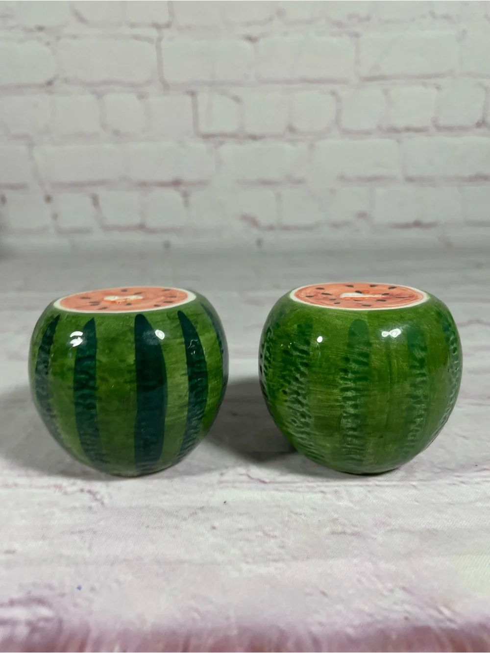 Vintage Hand Painted Ceramic Watermelon Salt and Pepper Shaker Set With Stoppers